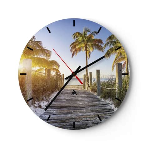 HORLOGE MURALE EN Verre 40x40cm Silencieuse Plage Palmiers Passerelle