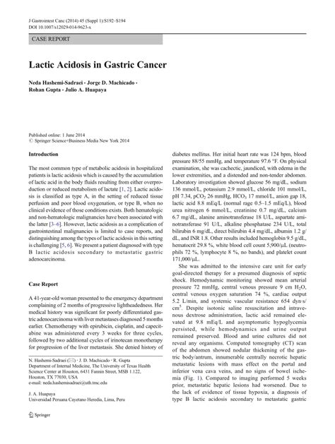 Pdf Lactic Acidosis In Gastric Cancer