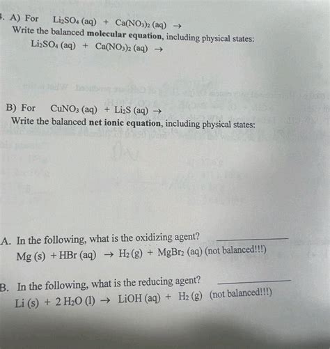 Answered A For Li2so4 Aq Cano32 Aq → Bartleby