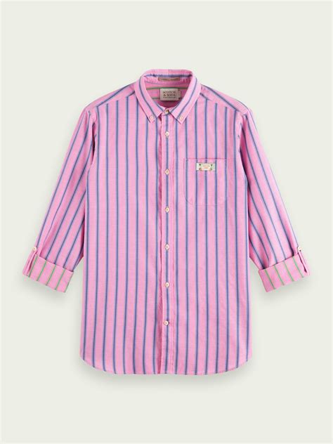 Scotch And Soda Regular Fit Striped Shirt With Sleeve Adjustment In