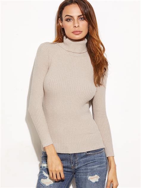 Apricot Ribbed Knit Turtleneck Slim Fit Sweater Sheinsheinside