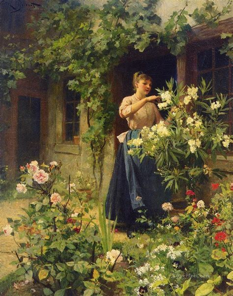 Gardening Genre Victor Gabriel Gilbert Classical Flowers Painting In Oil For Sale