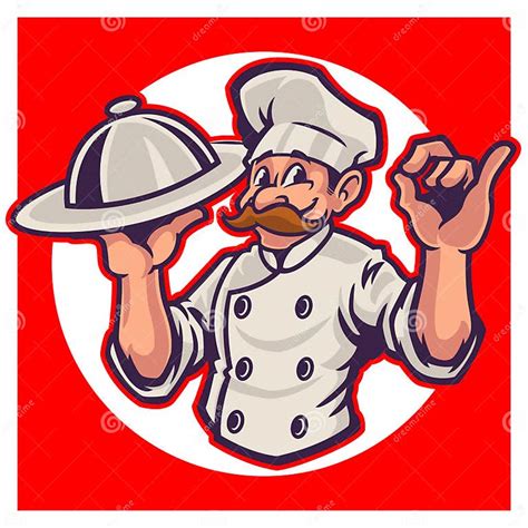 Chef Mascot Logo Cartoon Character A Funny Cartoon With Holding Silver Platter And Giving A