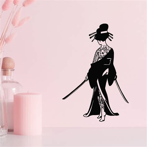 Geisha Vinyl Wall Decal Japanese Girl With Katana Tattoo Oriental