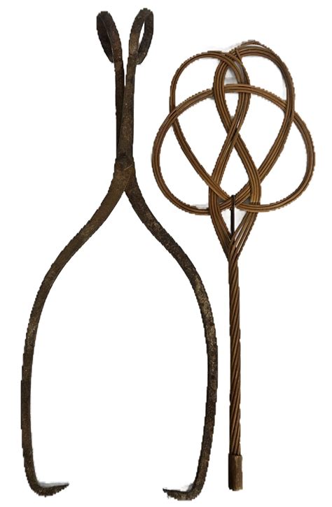 Large Pair Of Ice Of Hay Tongs, 29.5"L And Wicker Carpet Beater #11413