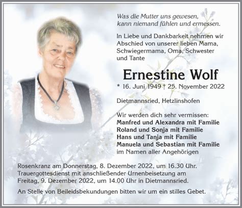 Traueranzeigen Von Ernestine Wolf Augsburger Allgemeine Zeitung