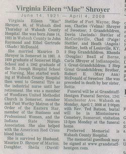 Virginia Eileen Mac McDonald Shroyer 1921 2008 Memorial Find A Grave