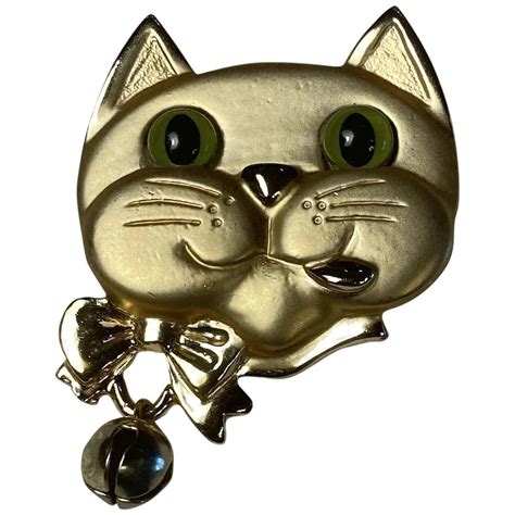 Large Figural Articulated Cat Brooch Dangling Bell Lucite Eyes Satin