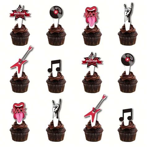 12pcs Rock And Roll Cupcake Topper Musical Themed Guitar Cake Topper