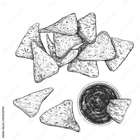 Mexican Dishes Hand Drawn Illustration Of Tortilla Chips Vector Ink