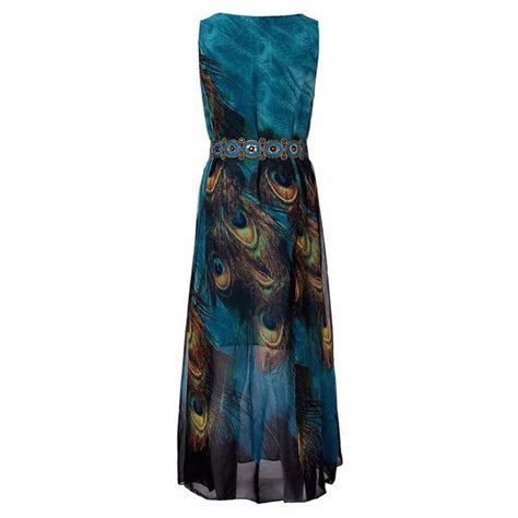 Blue Peacock Chiffon Boho Maxi Dress | Peacock print maxi dress, Maxi ...