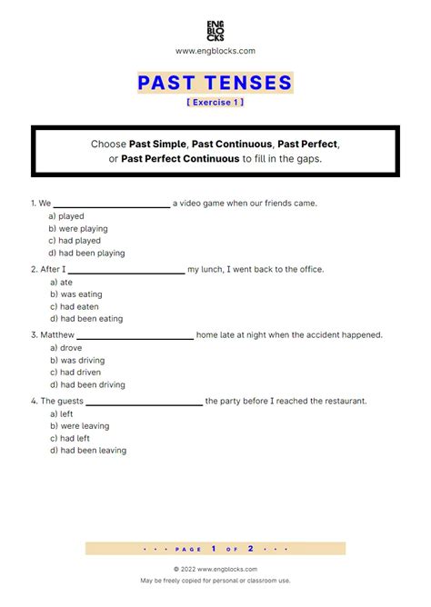 Past Tenses Exercise 1 Worksheet English Grammar Worksheets Library