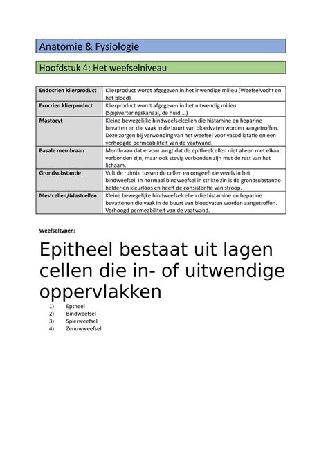 Hoofdstuk 4 Het Weefselniveau Anatomie Fysiologie Hoofdstuk 4 Het