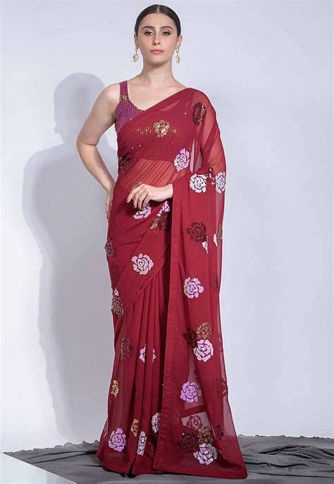 Buy Sequinned Georgette Saree In Maroon Online SKGA1690 Utsav Fashion