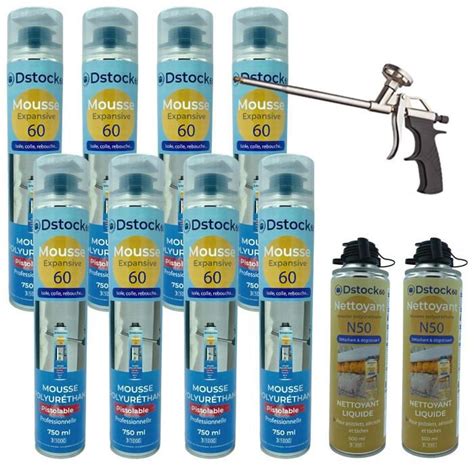 DSTOCK60 8 MOUSSES PISTOLABLES 1 PISTOLET 2 NETTOYANTS MOUSSE