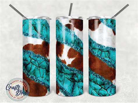 Cow Print Seamless Glitter Turquoise Blue Cowhide Tumbler Oz Etsy