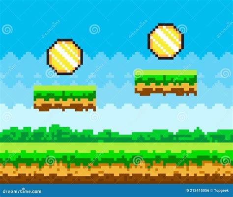 Pixel Art Game Background Scene With Green Grass And Ground Platforms Against Blue Sky With