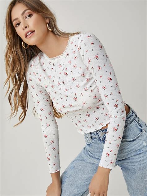 SHEIN Qutie Cottagecore Camiseta Crop Ribete Con Encaje Floral Moda