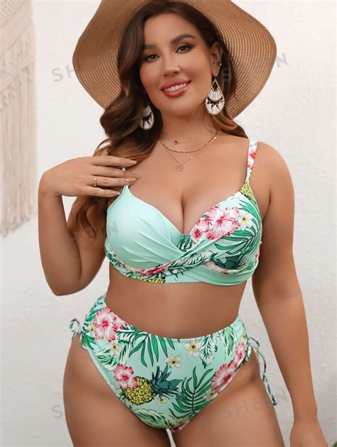 SHEIN Swim Curve Summer Beach Plus Size Tropical Print Wrap Push Up