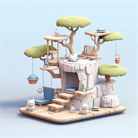 Premium Photo | A cartoon cat house with a tree and chairs