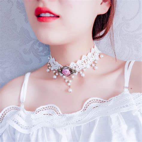 Jouval Vintage White Lace Choker Gothic Pink Flower Necklace For Women