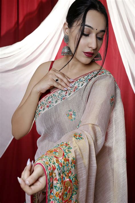 Buy Online Pure Tissue Silk Saree With Kashmiri Embroidery Work Peach