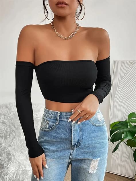 Y2k Shoulder Solid Crop Top Sexy Long Sleeve Bodycon Fit T Temu