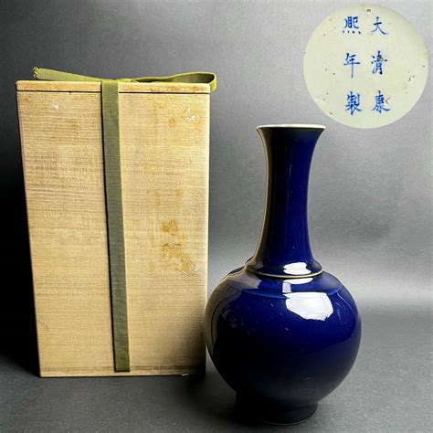 【目立った傷や汚れなし】a147 瑠璃釉 藍釉花瓶 大清康熙年製 款 高252cm 唐物 美品無傷 景徳鎮 中国古玩 中国美術 旧家蔵出の