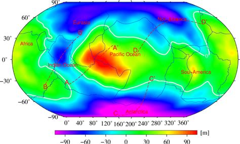 Locations of the cross-sections. The geoid anomalies in this map are ...