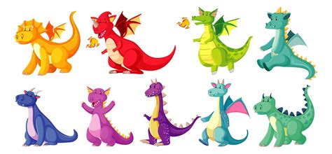 Different Colors Of Dragons In Cartoon Style Vector Art At Vecteezy