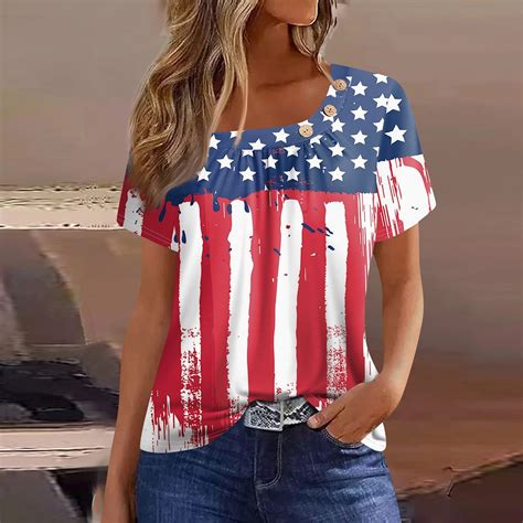 Sksloeg Independence Day Boho Tops For Women Pleated Button Decoration Square Neck Short Sleeve