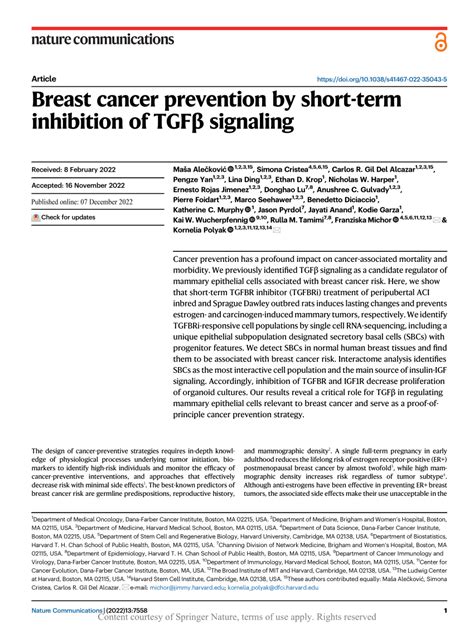 Pdf Breast Cancer Prevention By Short Term Inhibition Of Tgfβ Signaling