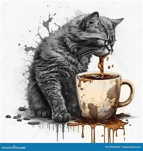 Cat Drinking a Strong Morning Coffee Stock Illustration - Illustration of furniture, drawing ...