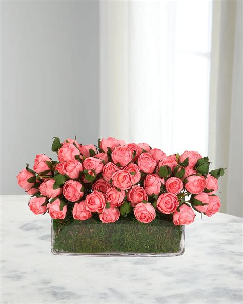 Ndi Roses And Ranunculus 30 Faux Floral Arrangement In A Glass Rectangle