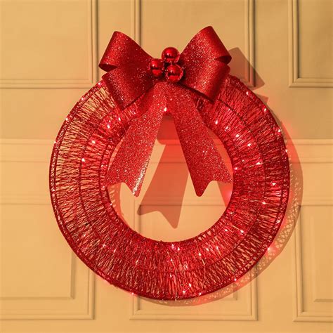 121620in Lighted Christmas Wreath Pre Lit Wreath With Red Bow Artificial Wreaths Decoration