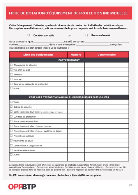 Fiche de dotation d équipement de protection individuelle pour recenser