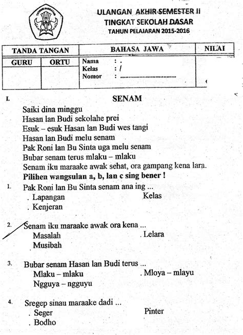 Contoh Soal Penilaian Akhir Semester Pilgan Bahasa Jawa Kelas Xi Hot