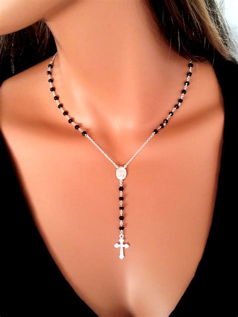 Sterling Silver Rosary Necklace Black Spinel Jewelry Women Etsy