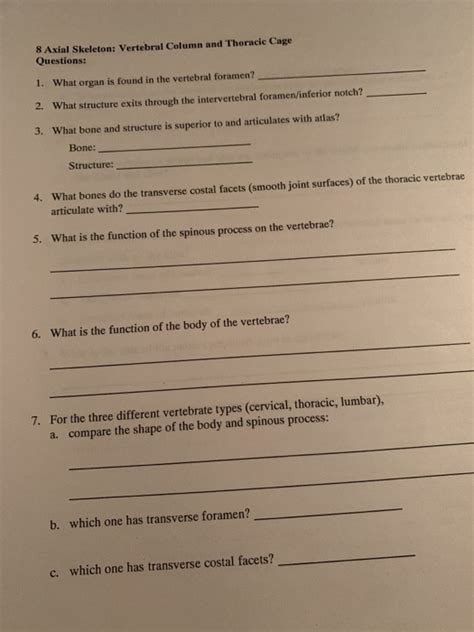 Solved Axial Skeleton Vertebral Column And Thoracic Cage Chegg
