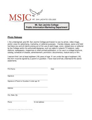 Fillable Online Msjc Photo Release Form Mt San Jacinto College