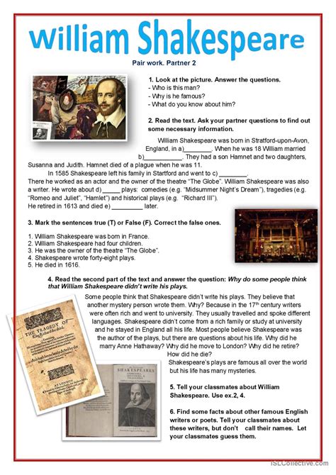 William Shakespeare Pair Work English ESL Worksheets Pdf Doc