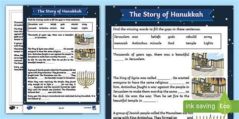 The Story Of Hanukkah Differentiated Cloze Reading Sheets