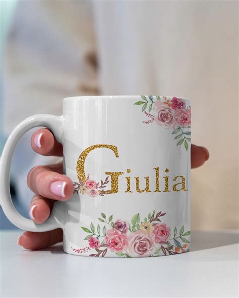 Tazza Mug Personalizzata Con Nome Glitterato Dedica E Fiori Idea