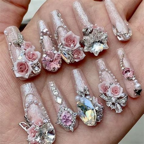 Xl Press On Nails High End Swarovski Crystal Long Nails Roseup Haute