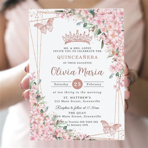 Invitación Flores De Cerezo Rosa Mariposas De Oro Dulce 16