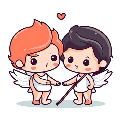 Niño y niña Cupido con arco y flecha Ilustración vectorial Vector Premium