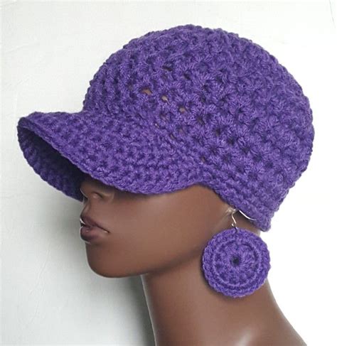 Purple Chunky Crochet Baseball Cap With Earrings By Razonda Lee