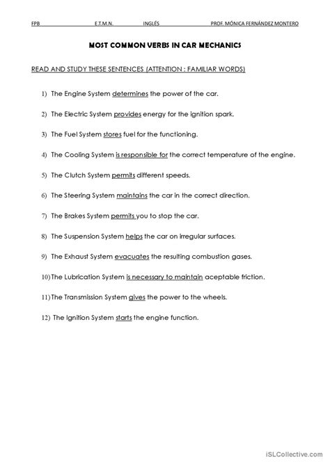 Common Verbs In Car Mechanics Second English Esl Worksheets Pdf Doc