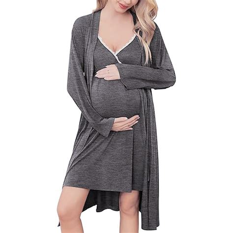 Zhencn Womens Solid Maternity Nursing Gown Robe Set Labor Nuring