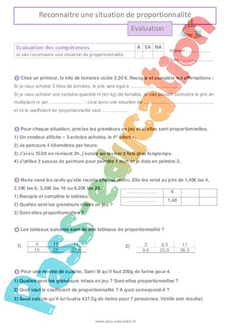 Reconnaitre une situation de proportionnalité Évaluation pour la 6ème